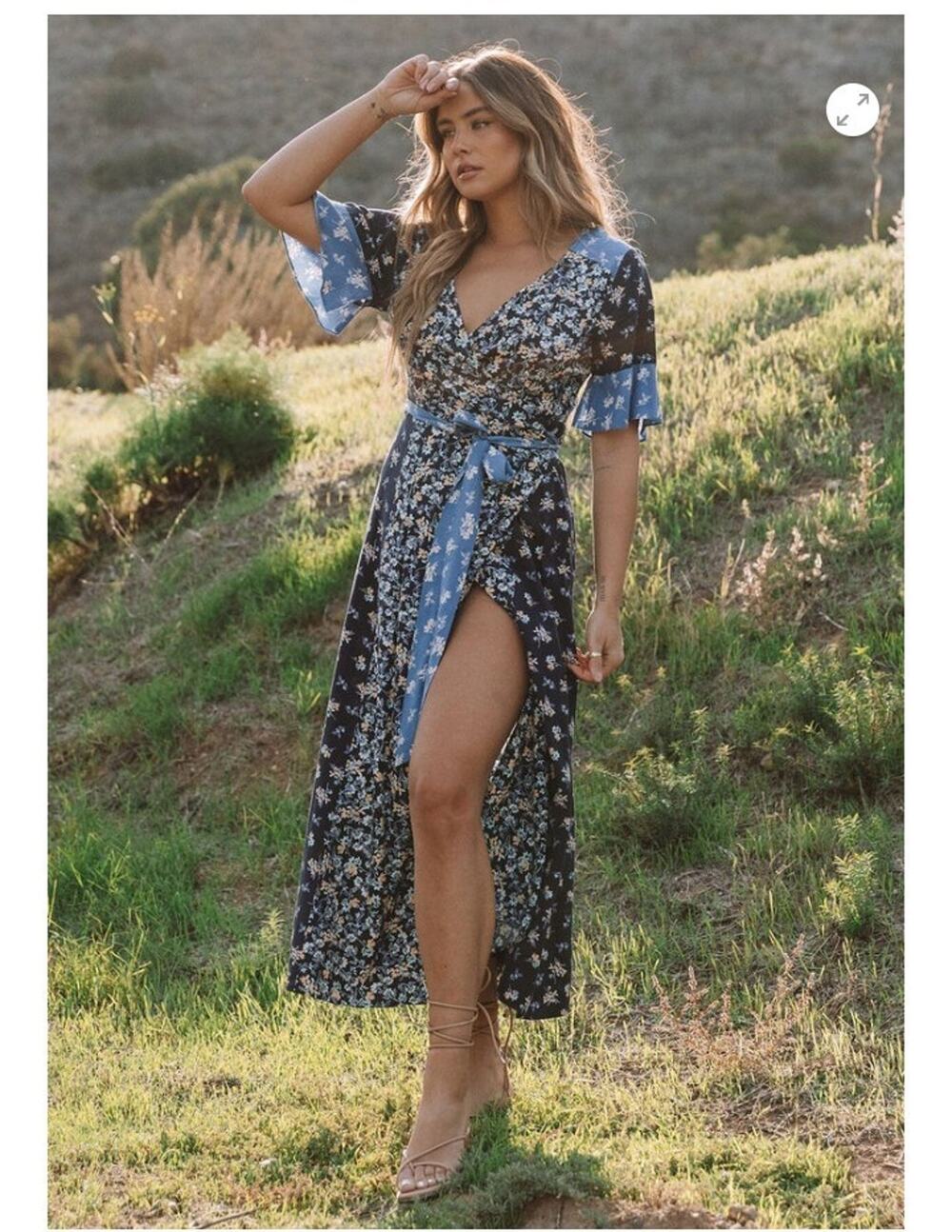 Lovestitch Melanie Blue Floral Maxi Wrap Dress Patchwork Flutter Sleeves Boho M